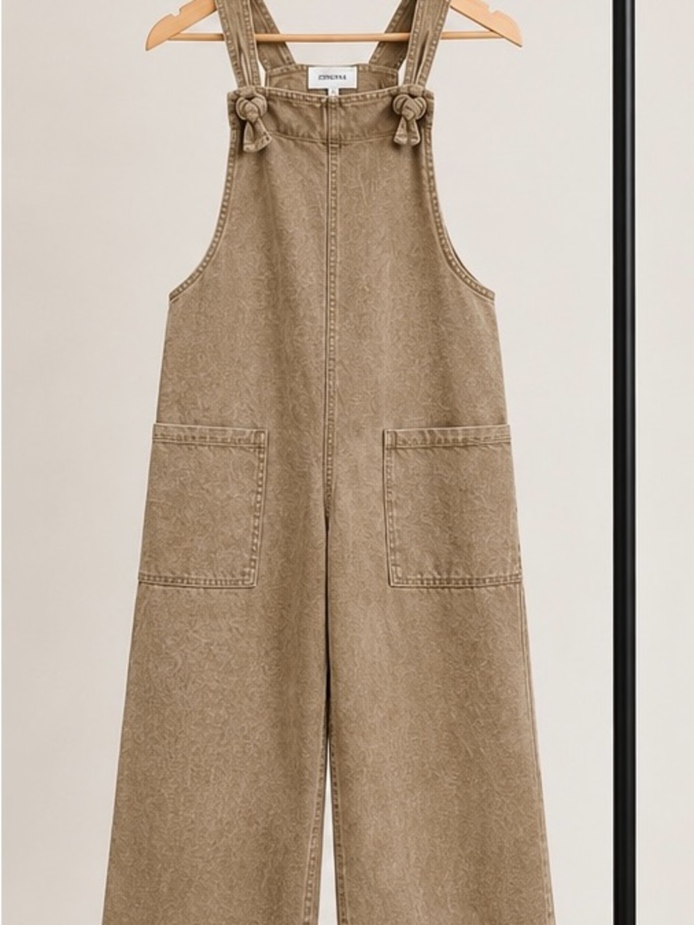 Zenana Outfitters Knot-Strap Wide-Leg Overalls in Khaki